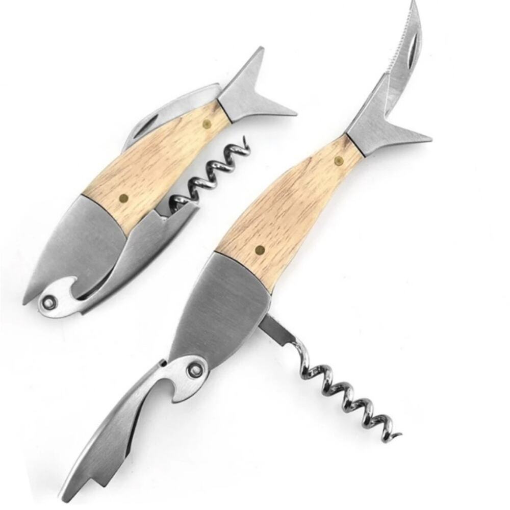 NEW Fish shaped double hinged wood corkscrew fish wine cork key opener gift B194